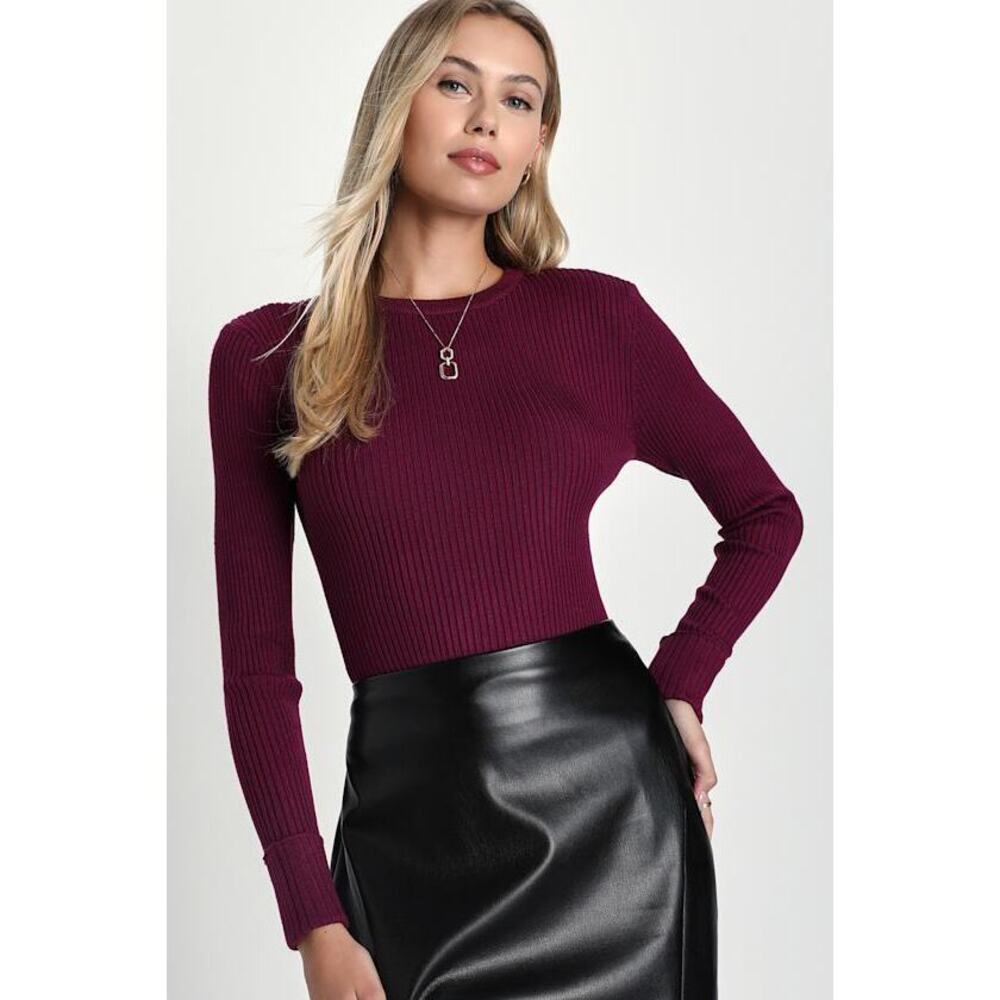 Lulus Basics Karlee Plum Purple Ribbed Knit Long Sleeve Sweater Top - Size XS